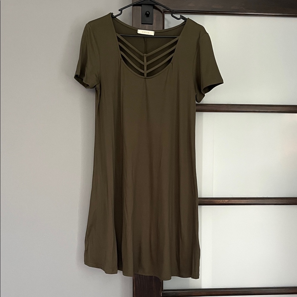 Entro Olive Mini Dress with Strappy Neckline